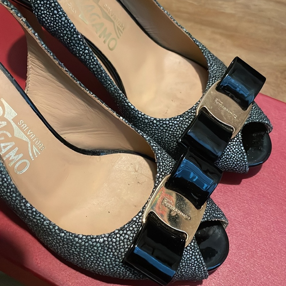 Salvatore Ferragamo Black Peep-Toe Slingback Heels (Authentic) - Picture 5 of 9